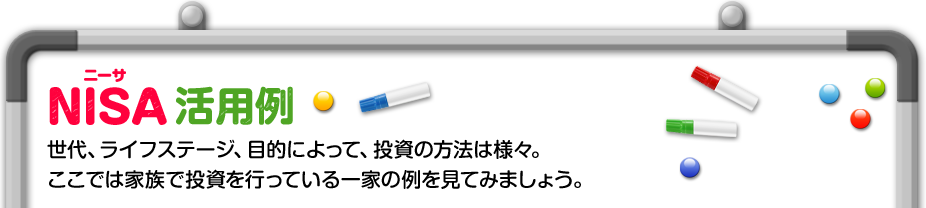 NISA活用例　世代、ライフステージ、目的によって、投資の方法は様々。ここでは家族で投資を行っている一家の例を見てみましょう。