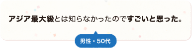 アジア最大級とは知らなかったのですごいと思った。 男性 50代