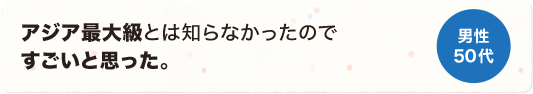 アジア最大級とは知らなかったのですごいと思った。 男性 50代